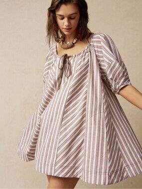 Bohemla Striped Babydoll Mini Dress Boho Peasant Swing Neutral Dress 
Size M